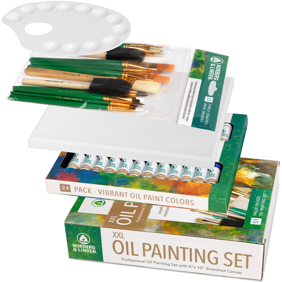 XXL Oil Paint Set - 24 Paints, 25 Brushes, 1 Canvas, and Art